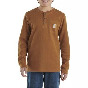 Carhartt Boy’s Large 14-16 Brown Waffle Knit Henley Logo Shirt L Cotton